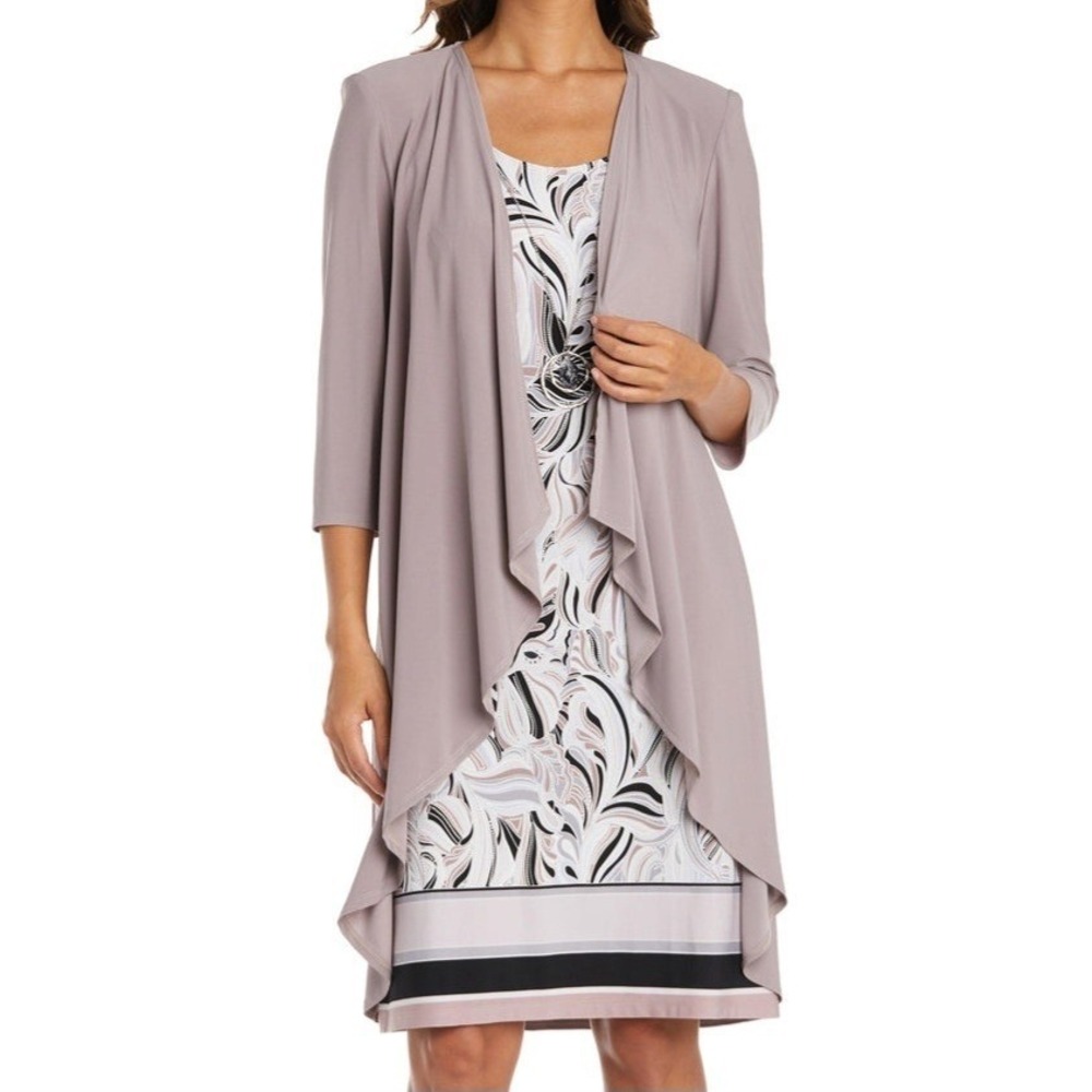 R&M Richards Two Piece Set Necklace Leaf Pattern Mocha Dress Womens Size 12 NWT
